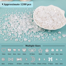 1200Pcs 3D Multi Shapes Nail Charms and Flatback Pearls, White Mix styles Heart Star Bow Sunflower Embellishments for Nail Art, Craft and Decoration with Glue Gel, Tweezer and Pickup Pencil