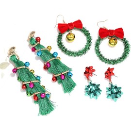 NVENF Christmas Earrings for Women Xmas Bow Wreath Earrings Long Tassel Christmas Tree Earrings Festive Gifts Holiday Accessory