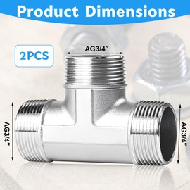 2 pieces 304 stainless steel T-piece 3/4 inch, G3/4 inch male thread/male thread 90°, 3/4 inch BSP male thread T shaped 3 way, DN20 T-piece water connection, stainless steel T pipe fittings for water