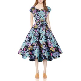 Kingfancy Women Vintage 1950s Dress Retro Cocktail Party Swing Dresses with Cap Sleeves Navy Daisy L