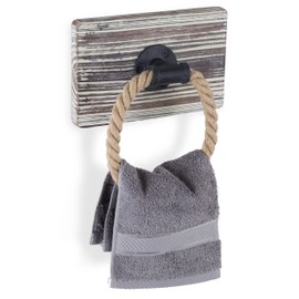 MyGift Rustic-Industrial Wall-Mounted Torched Wood & Rope Towel Ring