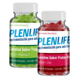 PLENLIFE 2 PACK | Gomitas con Calcio y Vitamina D sabor tropical y Gomitas con Biotina y Zinc - Suplemento sin Azúcar Sabor Frutos Rojos | 2 Frascos con 50 unidades c/u