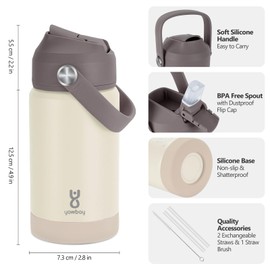 Botella de agua aislada para niños con tapa de popote y mango de silicona, botella de agua a prueba de fugas para niños y niñas, de doble pared de acero inoxidable al aspiradora con base de silicona
