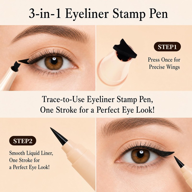 Winged Eyeliner Stamp, 3 in 1 Waterproof Eyeliner Liquid Liner