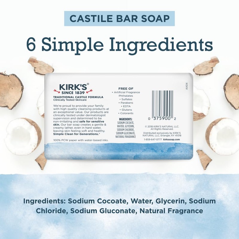 Kirk's Castile Bar Soap for Men, Women & Children -