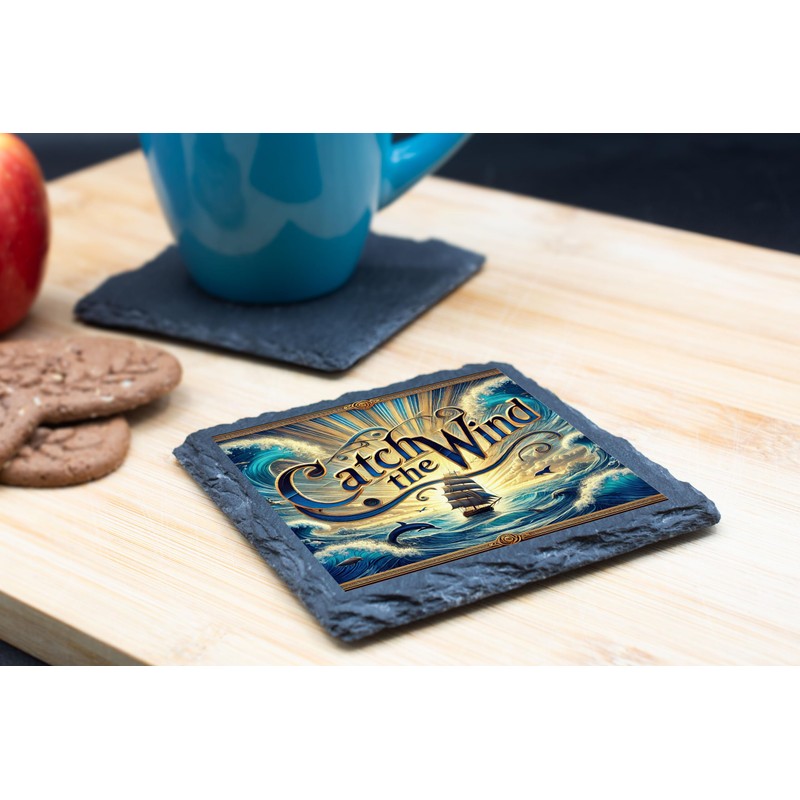 Catch the Wind Design Slate Coaster with Waves and Sailing