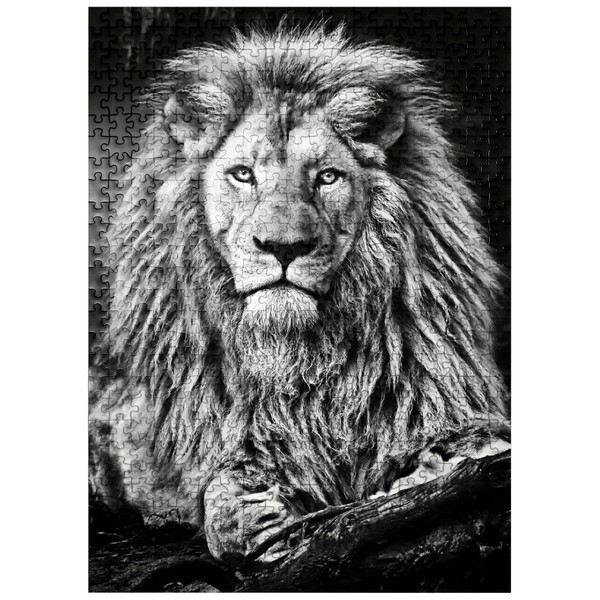 Black and White Image of Majestic Lion - Premium 500 Piece Jigsaw Puzzle for Adults
