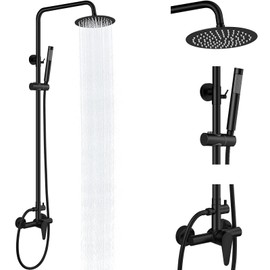 GBBNE Outdoor Shower Kit,Outdoor Shower Fixtures Faucet System Single Handle Brass Valve,8 Inch Rainfall Shower Head and Handheld Spray Dual Function Wall Mount SUS304 Matte Black