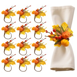 Adboros 12 Pcs Fall Themed Napkin Rings, Thanksgiving Napkin Ring Holder, Pumpkin Maple Leaves Red Berry Napkin Holder, for Fall Gathering Thanksgiving Dinner Table Decoration