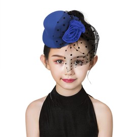 Girls Camellia Mesh Cylinder Retro Hat Fascinator Cap Creative Hair Scrunchie Kids Headdress Mini Hair Clip Headpiece with Veil Hair Clip for Tea Party, Church, Carnival, Cosplay, blue
