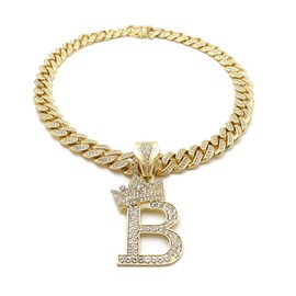 BLINGFACTORY Hip Hop Alphabet Initial B CZ Pendant & 13mm 20" Full Iced Box Lock Cuban Chain Gold Plated Necklace