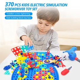 370pcs Screw Tightening Kids Play Toolbox Set Building Blocks,Slow Speed Electric Safty Hand Drill Screwdriver, Creative Toddlers Mosaic Puzzle Educational Construction Engineering Toys Series