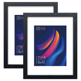 VCK 11x14 Picture Frame Set of 2 - Black, Textured Exclusive Wooden Frames with HD Glass, Display Photo 8x10 with Mat or 11x14 Without Mat