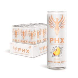 PHX Hydration Energy Drink, Peach - 700mg Electrolytes, 200mg Natural Green Tea Caffeine, 100% Daily Value 8 Essential Vitamins - 12 oz Cans (12 Pack)