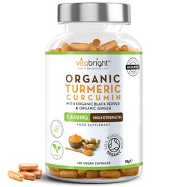 Turmeric and Black Pepper Capsules | 1440mg Dose | 120 Tablets | 2 Month Supply | 2 A Day | Herbal Supplements | High Strength Curcumin | VitaBright Organic Tumeric Supplement