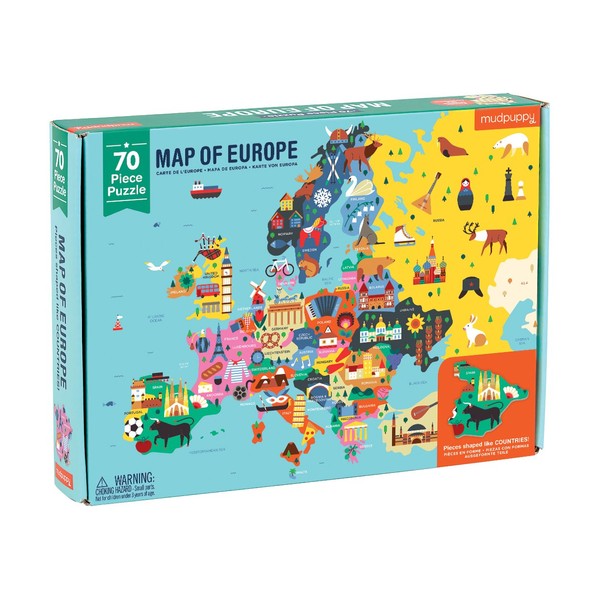 Mudpuppy Map of Europe Puzzle, 70 Pieces, 22”x17.25” – Perfect for Kids Age 5-9 - Learn Countries of Europe by Name, Shape, Location – Double-Sided Geography Puzzle with Pieces Shaped as Countries