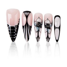 Long Stiletto Press on Nails Almond False Nails French Tip Fake Nails with Flower Designs White Glossy Fall Cute Glue on Nails for Women 24pcs