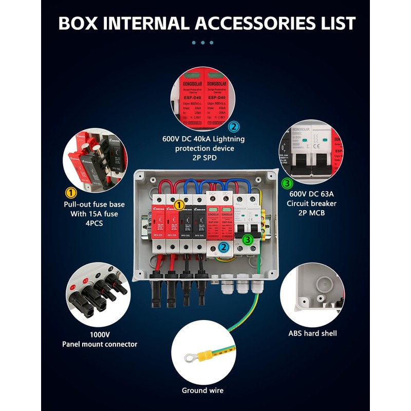VOU 600V Solar DC PV Combiner Box,2 String with Lightning
