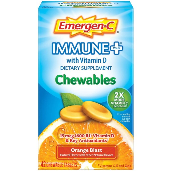 Emergen-C Immune+ Chewables Vitamin C 1000mg With Vitamin D Tablet (42 Count, Orange Blast Flavor) Immune Support Dietary Supplement