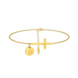 Jewigo Cross Bracelet for Women Dainty 18K Gold Plated Cross Initial Bracelets Simple Gold Letter Bracelet Confirmation Gift