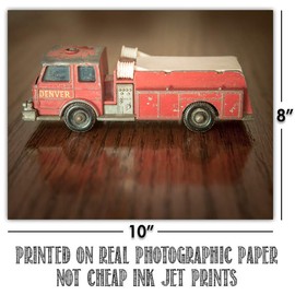 Toy Firetrucks on Wood Art Prints - Great Nursery and Playroom Decor, Baby Toy Bedroom Decoration, Great Baby Shower Gift for Baby Boy, Set of 4 Photos - 8x10 Unframed Art Prints Posters