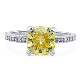 BERRICLE Sterling Silver Solitaire Wedding Engagement Rings 3 Carat Canary Yellow Cushion Cut Cubic Zirconia CZ Ring for Women, Rhodium Plated Size 6