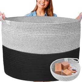 XXXXL WASHABLE Blanket Basket Living Room 2PCs Toy Baskets Storage Kids Woven Rope XXX Extra Large Basket for Blankets,Pillows,Throws,Laundry + Small Basket | Blanket Storage Basket (Black & Grey)