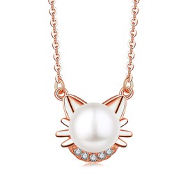 Rose Gold Necklace 925 Sterling Silver Cubic Zirconia 9mm Freshwater Cultured Pearl Cat Pendant Necklace,18-20"