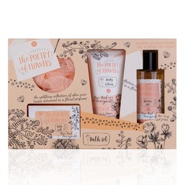 accentra - Gift Set Women Poetry of Flowers 4-Piece - Bath Set Gift with Body Lotion, Bath Salt, Shower Gel & Mesh Sponge - Wellness Set for Women & Girls for Birthday & Valentine's Day