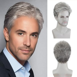 Mens Short Grey Silver Wigs Layered Natural Hair Costume Halloween Cosplay Synthetic Wig for Male