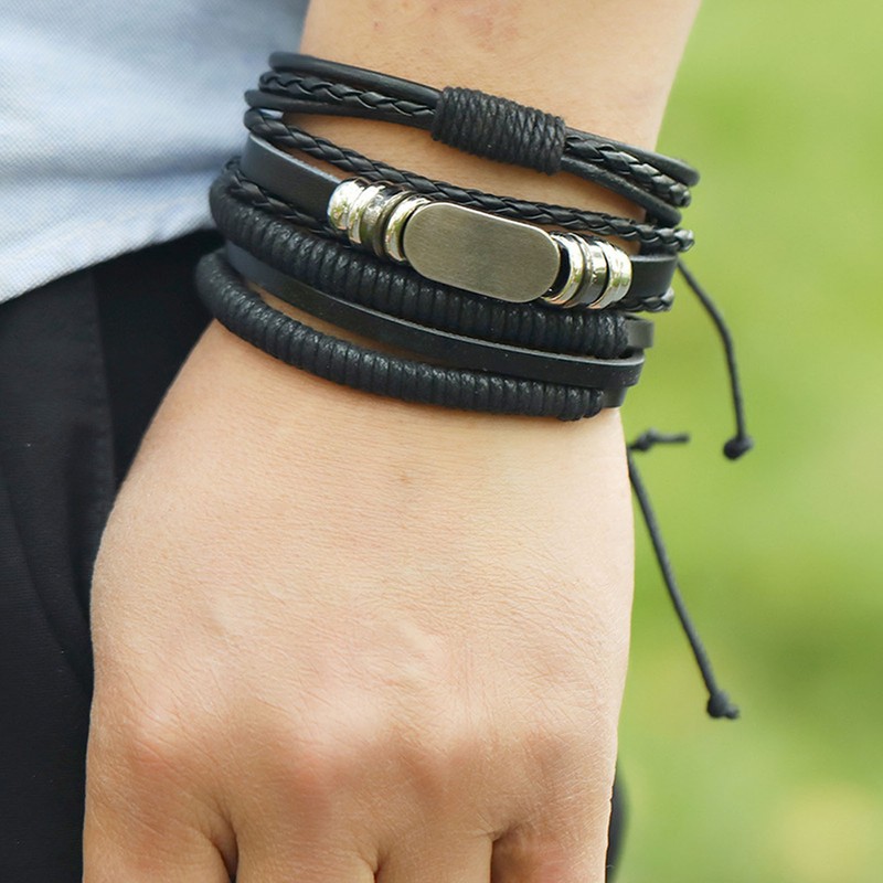 12PCS Braided Faux Leather Bracelet Set Multilayer Vintage Rock Style
