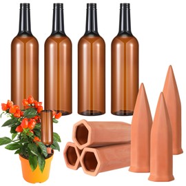 Baderke 8 Pcs 4 Set Plant Watering Devices, Terracotta Watering Spikes with 25 oz Plastic Wine Bottles, Slow Release Vacation Insert Automatic Plant Waterer Device for Indoor Outdoor