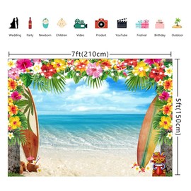 7x5ft Summer Hawaiian Beach Backdrop Tropical Flower Palm Leaves Surfboard Photography Background Hawaiian Party Decorations Banner Aloha Luau Theme Party Supplies Photo Shoot
