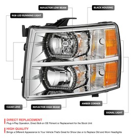 DNA MOTORING Pair of Headlights Compatible with 2007-2013 Chevy Silverado 1500, 2500 3500 & HD, Start Up Sequence RGB LED DRL, Chrome/Amber, HL-RGB-CSIL07-CH-AM