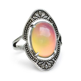 FUN JEWELS Vintage Style Antique Silver Plating Brass Oval Stone Color Change Mood Ring Size Adjustable For Women