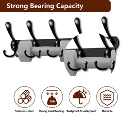 Bjiotun Coat Hooks for Wall, 2 Pack Coat Rack Wall Mounted, Stainless Steel Wall Hanger with 5 Tri Hooks for Hanging Coats Hats Towels Keys (Black)