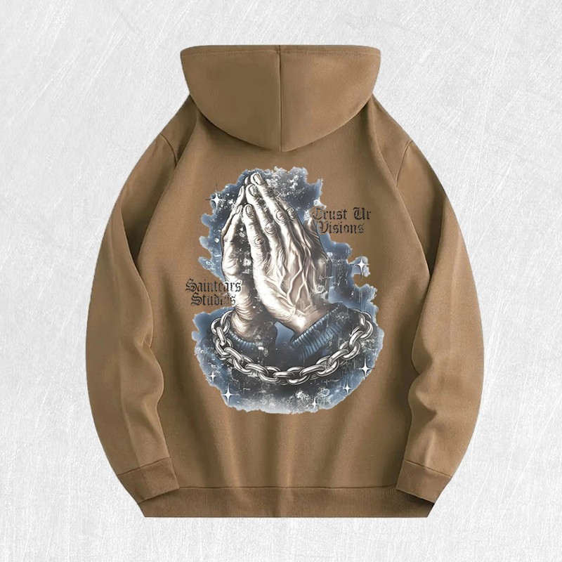 Praying Hands & Chain Graphic Hoodie 100% Cotton US Warehouse