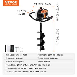 VEVOR Post Hole Digger, 52cc 1450W Auger Post Hole digger, Gas Powered Earth Digger for Farmland, Garden and Plant, EPA certification:_52CC 1450W - 8"