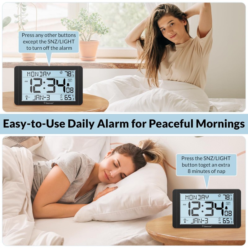 Geevon Atomic Clock with Indoor Outdoor Temperature–10.8'' Self-Setting Digital Wall