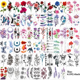 82 Sheets Flowers Temporary Tattoos Stickers, Roses, Butterflies and Multi-Colored Mixed Style Body Art Temporary Tattoos for Women, Girls or Kids