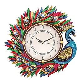 CapioArt Wooden Handpainted Peacock Wall Clock Antique Vastu Compliant Progressive Saraswati Vahan Design for Home Study Living Room & Office (Red)