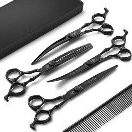 Purple Dragon Dog Grooming Scissors Set - Curved Chunkers, Straight, Up & Down Curved Scissors and Comb, 7 Inch Black Shears with Adjustable Screw for Dogs and Cats