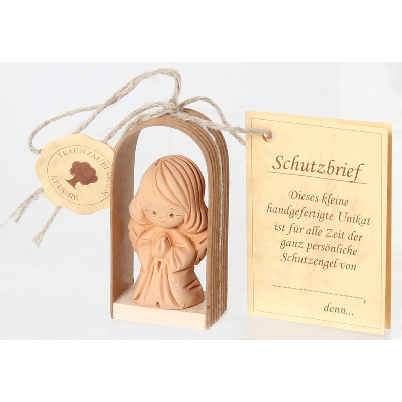 Traumzauberbaum Ceramic Guardian Angel Kneeling in Wooden Arch, Approx. 3