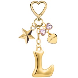 Suweibuke Gold Bubble Initial Letter Keychain, Women Girl Bags Charms Gift - Mother's Day Birthday Christmas Valentine's Gift (L-Gold Letter Pink Rhinestone)