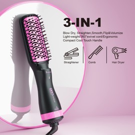 Negative Ion 3-in-1 Hair Styling Brush: 2-inch Blow Dryer, Straightener, and Paddle Brush with Anti-Scald & ALCI Safety Plug