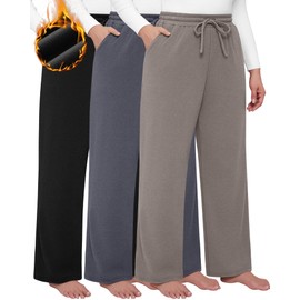 Locoowai 3 Pack Women's Plus Size Pants Fleece Lined Wide Leg Sweatpants with Pocket High Waist Drawstring Yoga Lounge Pants(Black, Dark Gray, Brown,X-Large)
