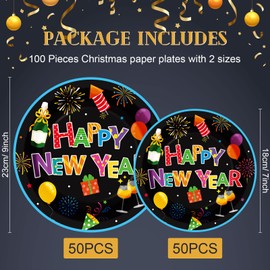 Sieral 100 Pcs New Year Party Paper Plates New Year Eve Party Disposable Plates 9" 7" Happy New Year Round Dinnerware Dessert Plates Tray Party Supplies for New Years Party Supplies 2025(Cute)