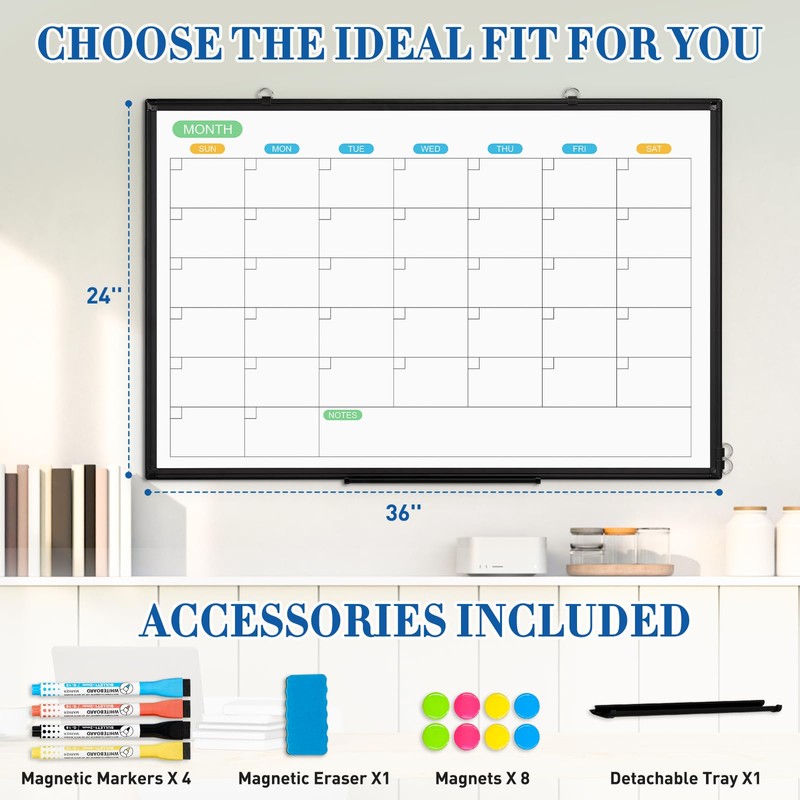 WALGLASS Dry Erase Calendar Whiteboard for Wall, 36" x 24"