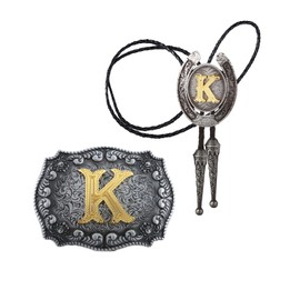 HUABOLA CALYN 2 Pieces Western Cowboy Belt Buckle Bolo tie Set for Men Golden Initial Letter ABCDMJR to Z Costume (K)