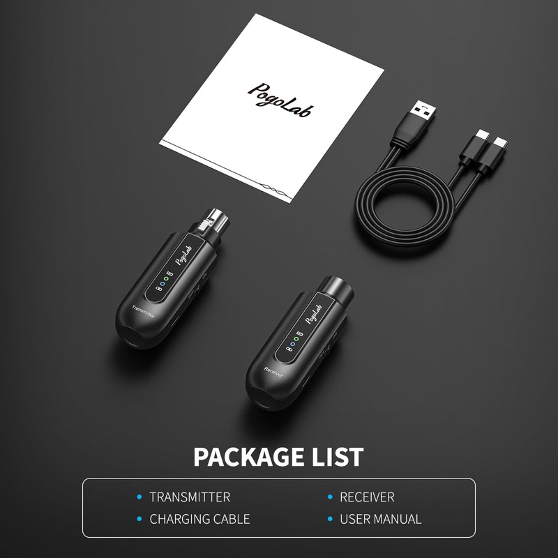 POGOLAB Wireless Microphone Transmitter Receiver 2.4Ghz, XLR System, Rechargeable Adapter